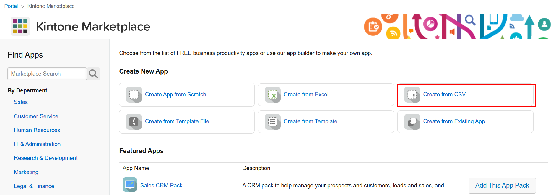 Screenshot: "Create from CSV" is highlighted