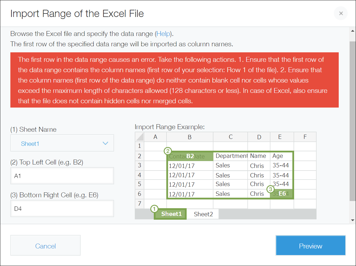 Screenshot: An error message is displayed in the "Import range of the Excel file" dialog
