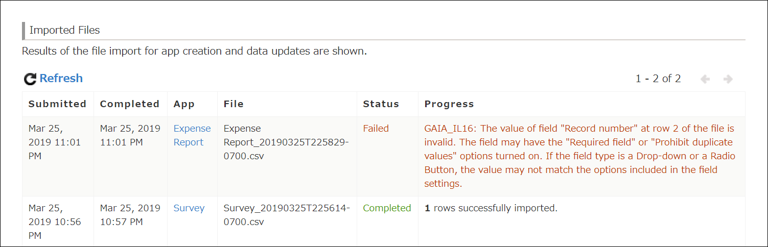 Screenshot: Error details are displayed on the "Imported files" screen
