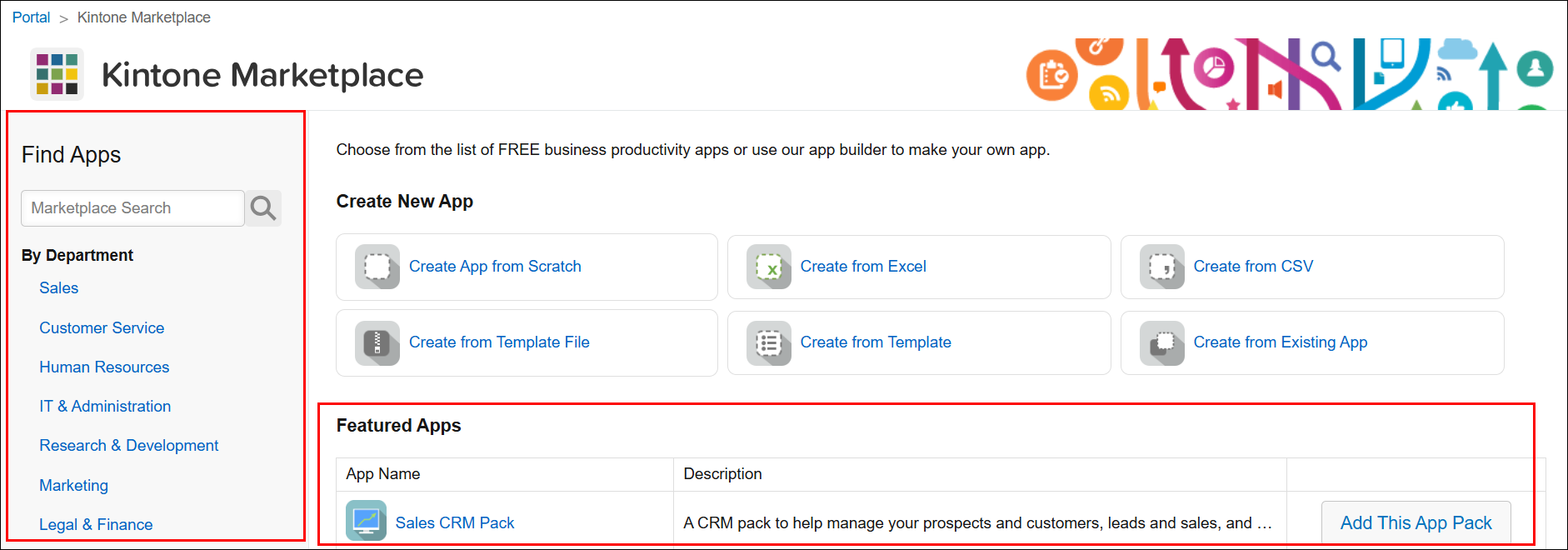 Screenshot: App categories and the "Featured apps" section are highlighted on the "Kintone marketplace" screen