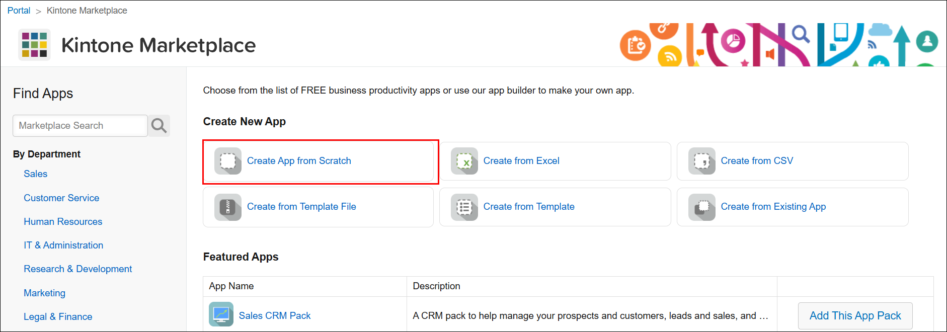 Screenshot: The "Create App from Scratch" link is outlined on the "Kintone Marketplace" screen