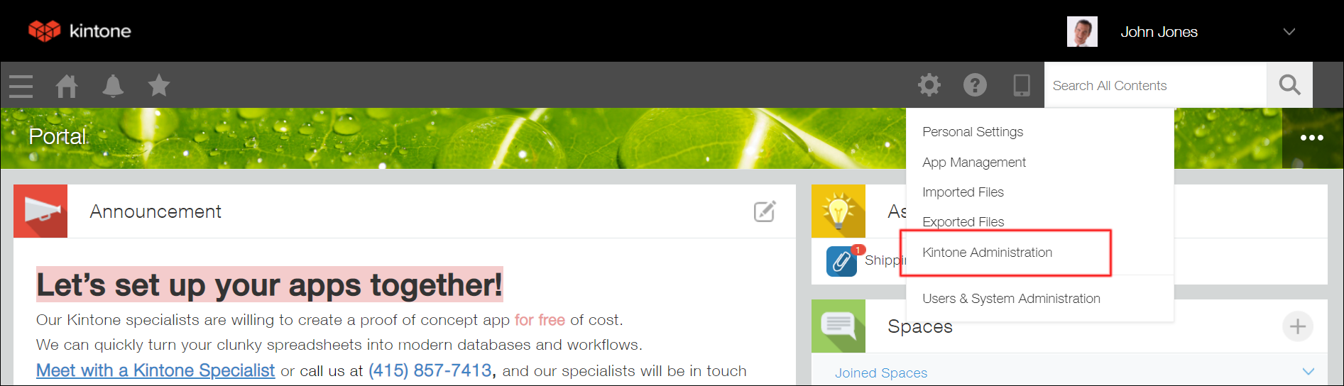 Screenshot: Clicking "Kintone administration"
