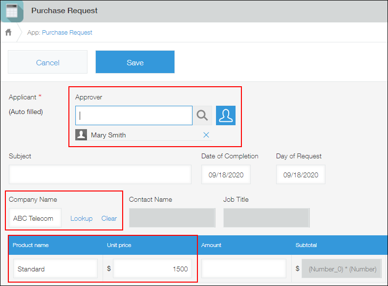 Screenshot: The "New record" screen is displayed with copied field values
