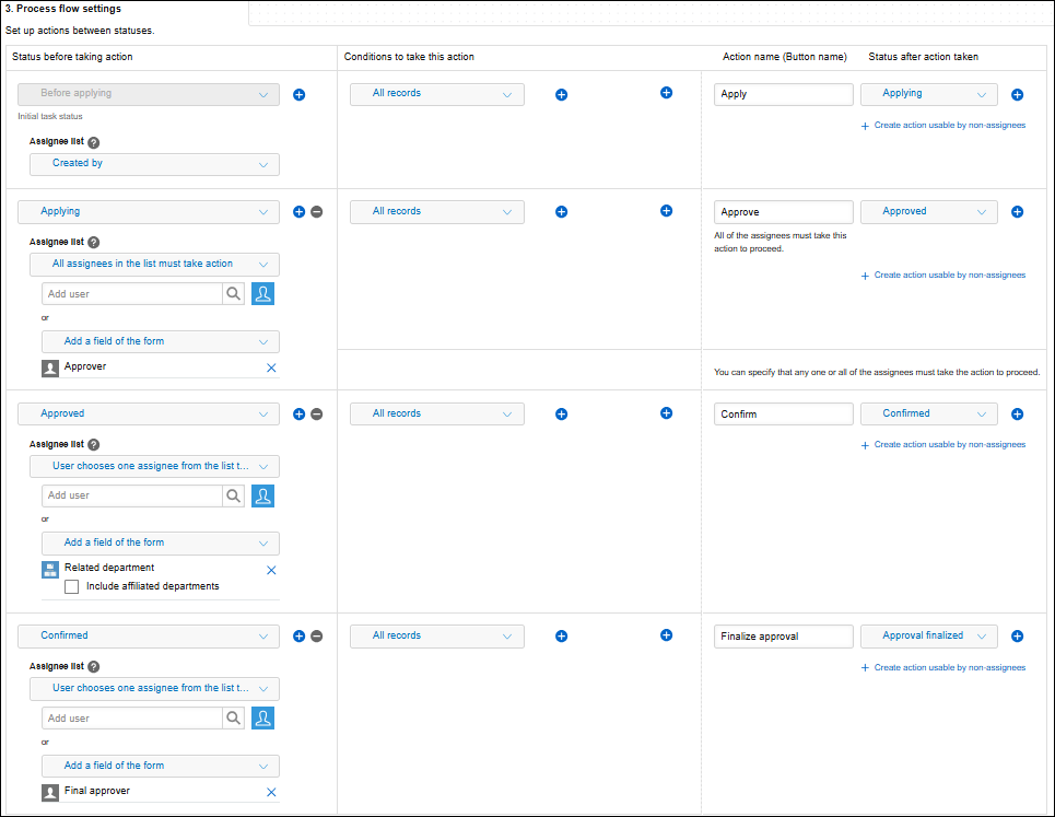 Screenshot: Example of the "3. Process flow settings" settings on the "Process management" screen