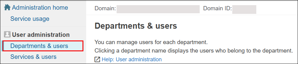 Screenshot: "Departments & users" in "Users & system administration" is highlighted