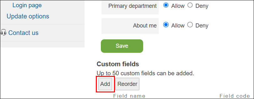 Screenshot: "Add" is highlighted in the "Custom fields" section on the "Profile settings" screen