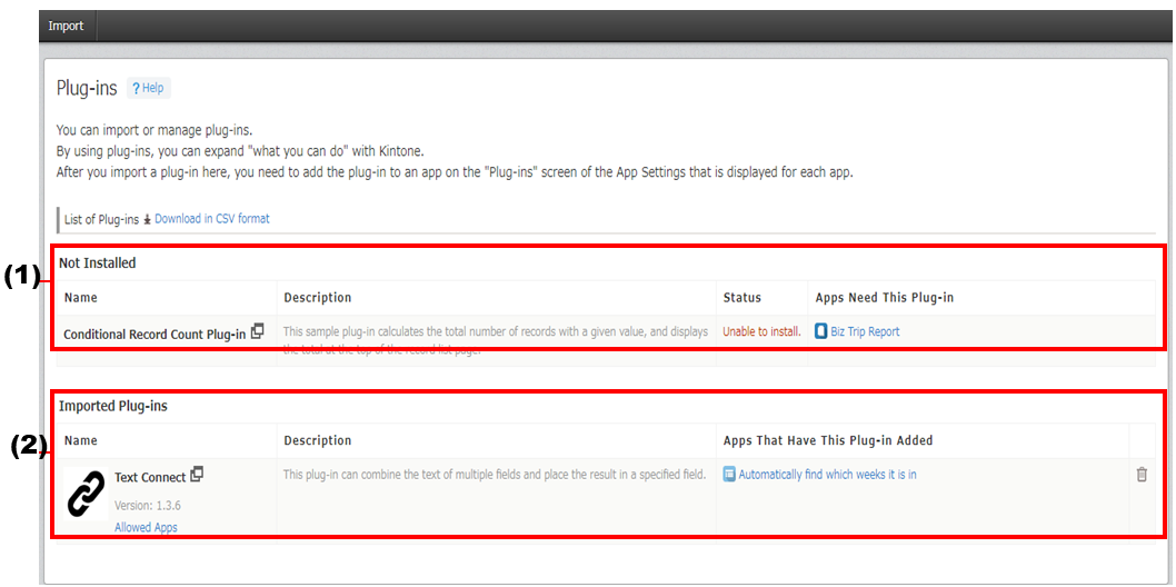Screenshot: The (1) "Not installed" and (2) "Imported plug-ins" sections are highlighted in red on the "Plug-ins" screen