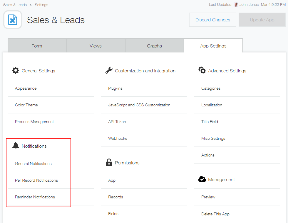 Screenshot: The "Notifications" section is highlighted on the "App settings" screen