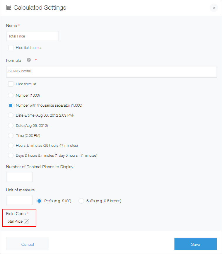 Screenshot: "Field code" is highlighted on the "Calculated settings" dialog