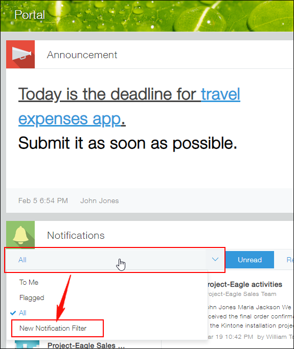 Screenshot: Clicking "New notification filter" from the drop-down list in the "Notifications" section