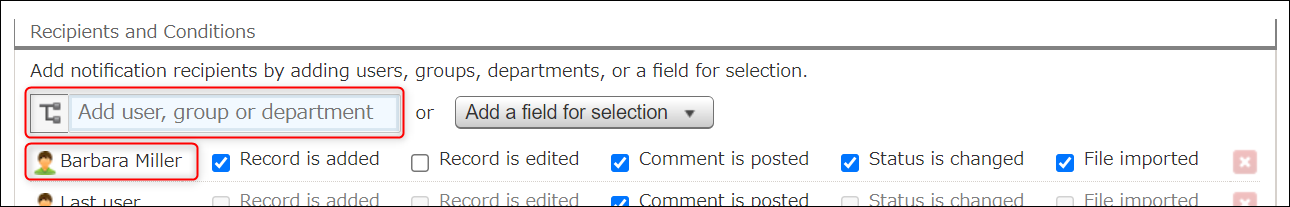 Screenshot: A user is specified as a notification recipient on the "General notifications" screen