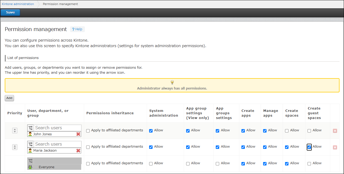 Screenshot: The "Permission management" screen in Kintone administration