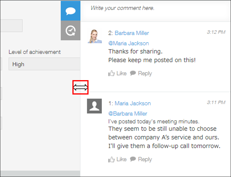 Screenshot: Adjusting the width of the comments section