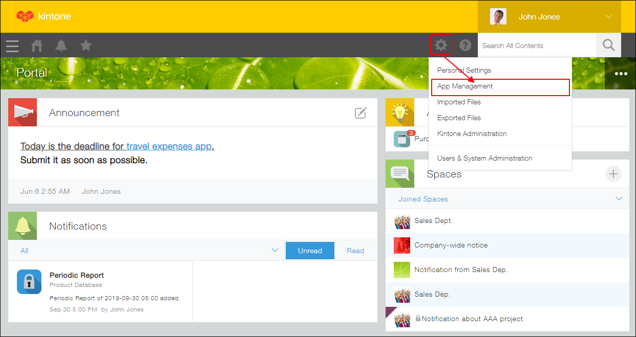 Screenshot: The "Settings" icon at the top of the screen and "App management" are outlined in red