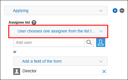 Screenshot: "User chooses one assignee from the list to take action" is highlighted in the "Assignee list" drop-down list in the "Process management" settings