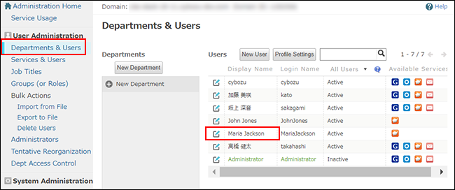 Screenshot: The "Change user information" icon is outlined in red on the "Departments & users" screen