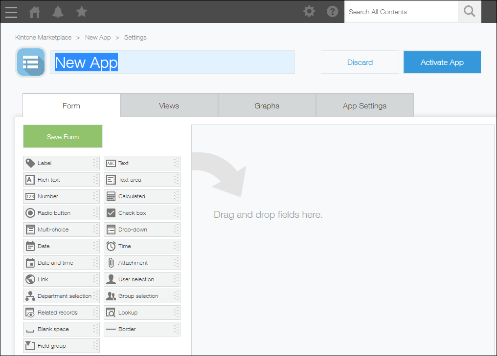 Screenshot: The Form settings screen of a new app is displayed