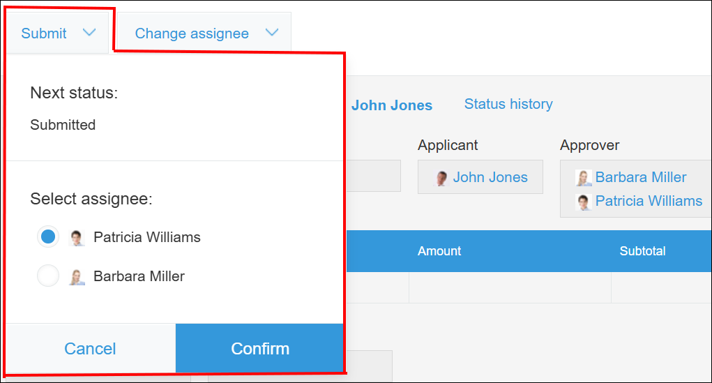Screenshot: A status is being changed on the "Record details" screen